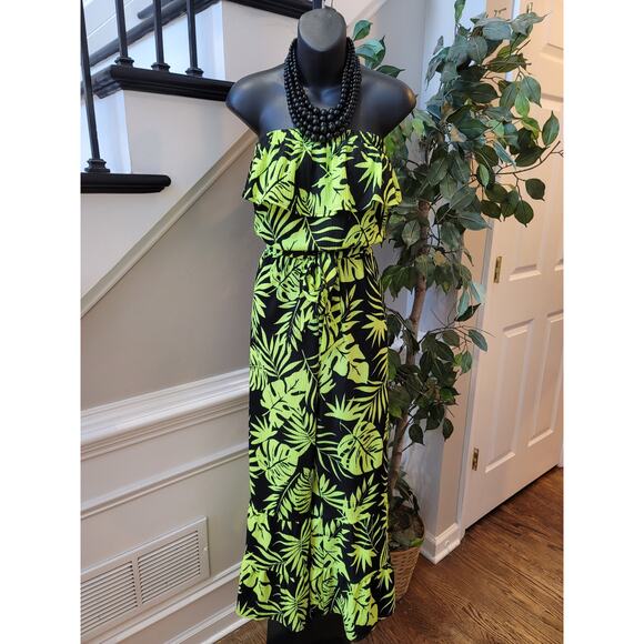 Cato Pants - CATO Leaf Print Strapless Jumpsuit Women's Size Large Green Black Summer